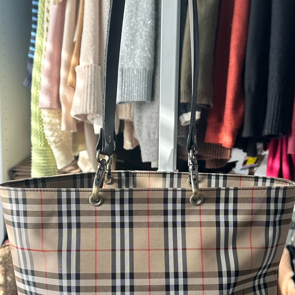 Burberry Tan and Black Plaid Tote Bag with Leather Trim